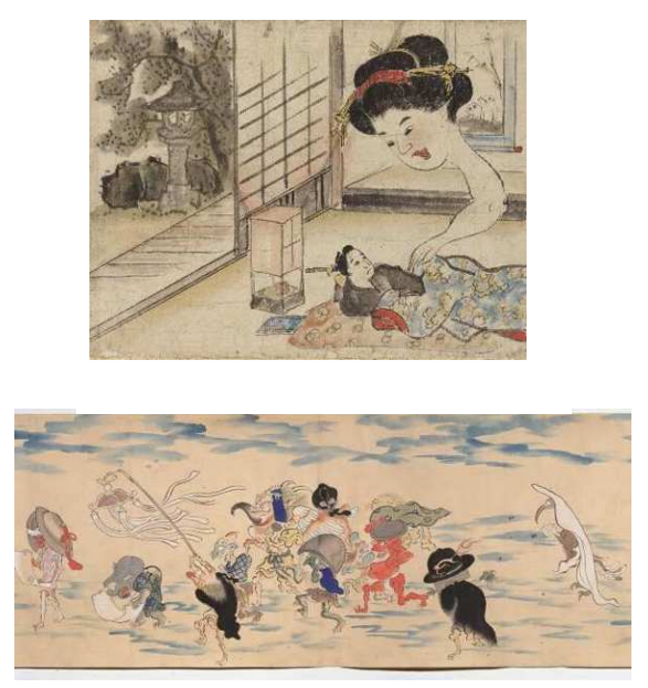 (上)三次市重要文化財の「 稲生物怪録絵巻」( 堀田家本) 、(下)江戸時代に描かれた有名な「 百鬼夜行絵巻」( 部分)