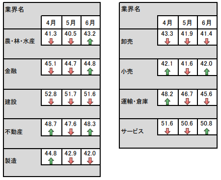 業界別の景況感企業の声(TDB景気動向調査(全国)―2019年6月調査)の一部※編集部が指標の推移部分のみ集約