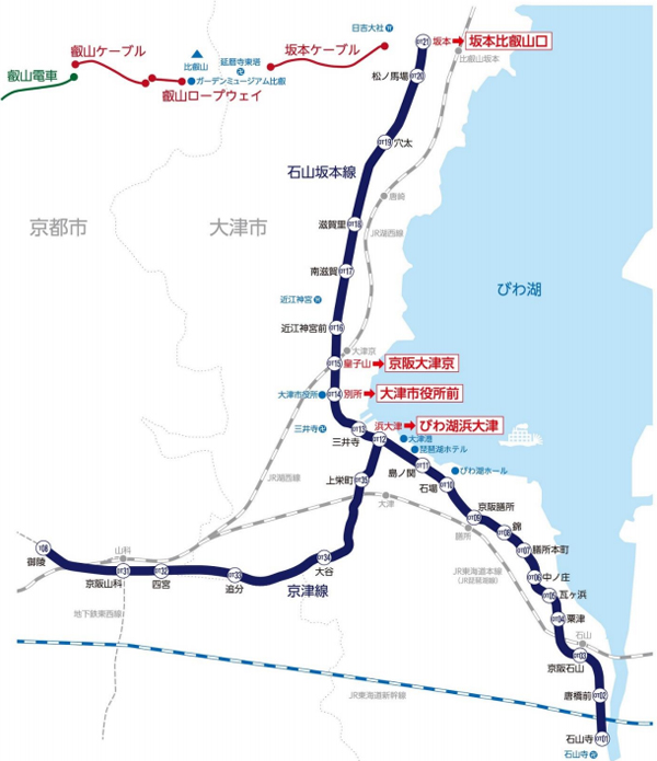 変化に飛んだ小旅行が楽しめる京津線(大津線路線図、京阪電気鉄道のプレスリリースより)