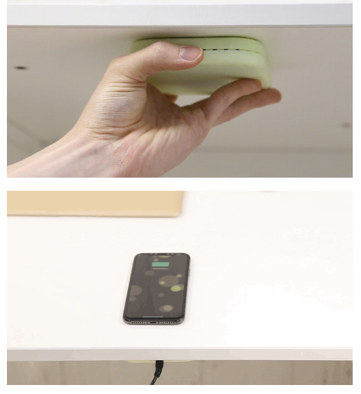 (上)デスクの裏側に充電器を貼り付けると、(下)デスクの上にスマートフォンを置くだけで充電できる