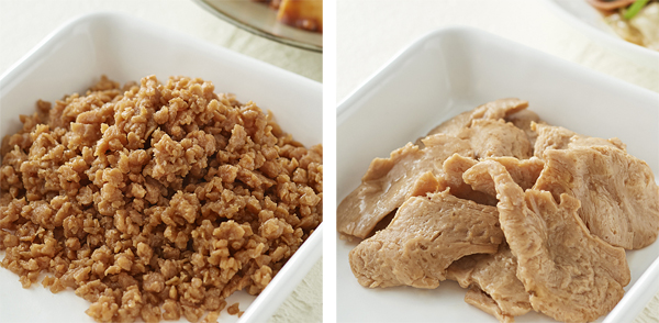 「大豆ミート ひき肉タイプ」80g(2~3人前)290円、「大豆ミート 薄切りタイプ」80g(2~3人前)290円